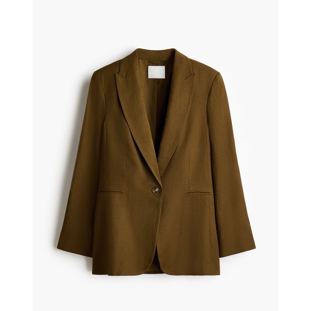 H&M Linen Blend Womens Brown Lined Single Button Blazer Jacket Womens Size M NEW